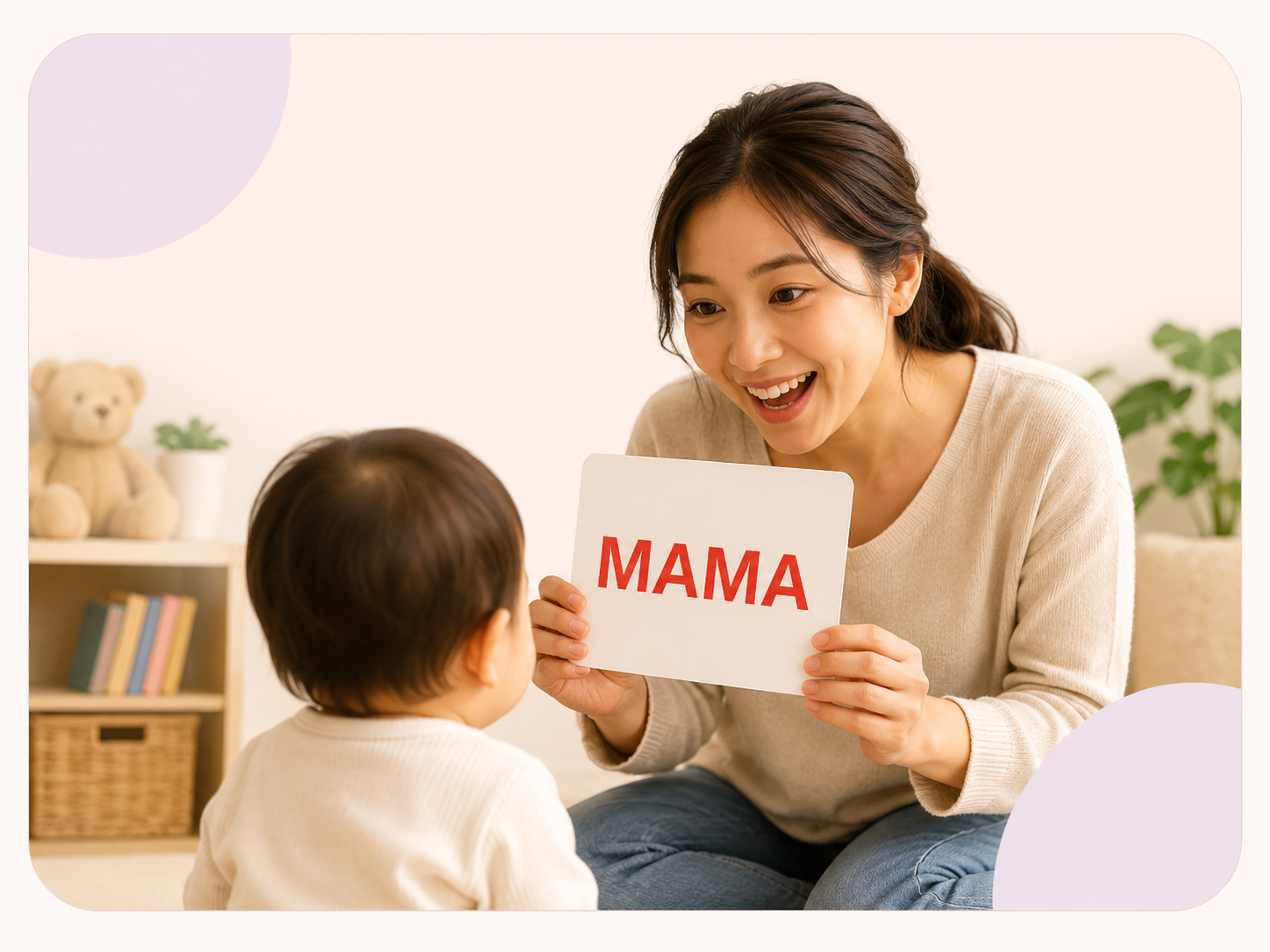 Mother showing a MAMA word card to a one-year-old child